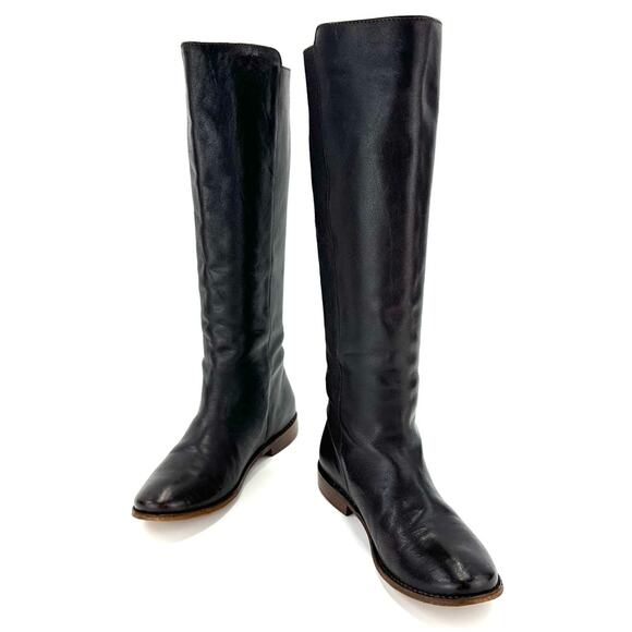 Frye Black Tall Boots Size 6.5 Leather Round Toe Low Block Heel Pull-On Style - Picture 14 of 15